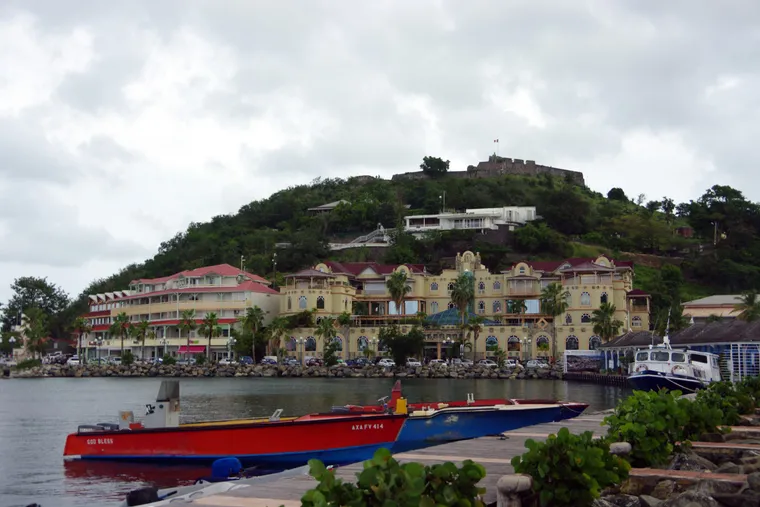 Marigot waterfront and Fort Louis overlooking the bay, French side of Saint-Martin