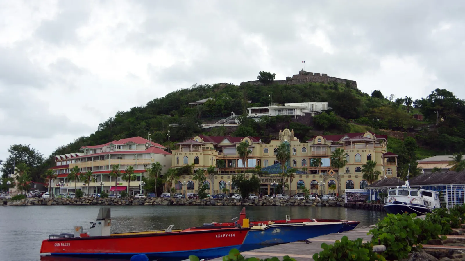 Marigot waterfront and Fort Louis overlooking the bay, French side of Saint-Martin