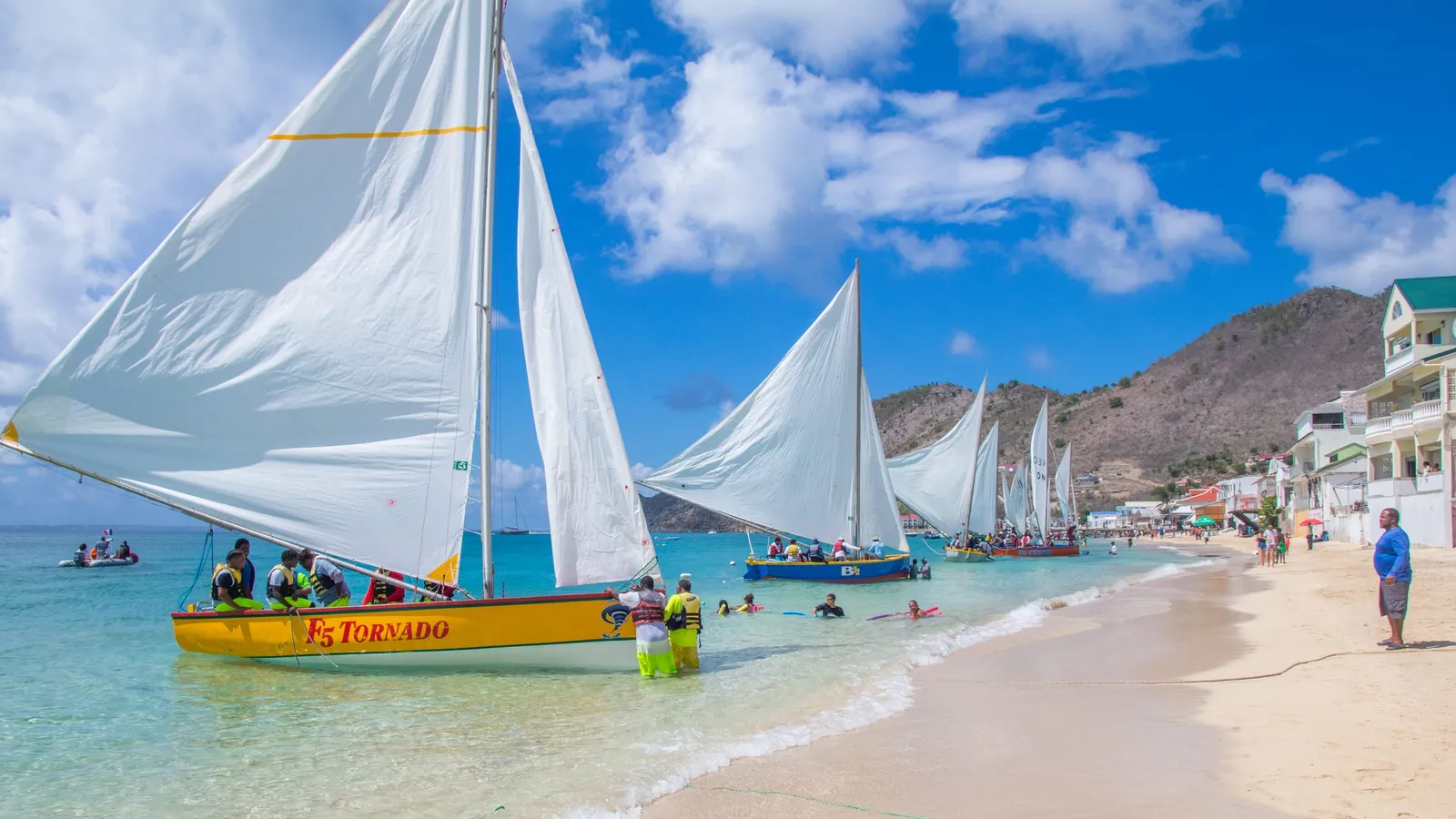 Colourful traditional sailboats on the beach at Grand Case, Saint-Martin