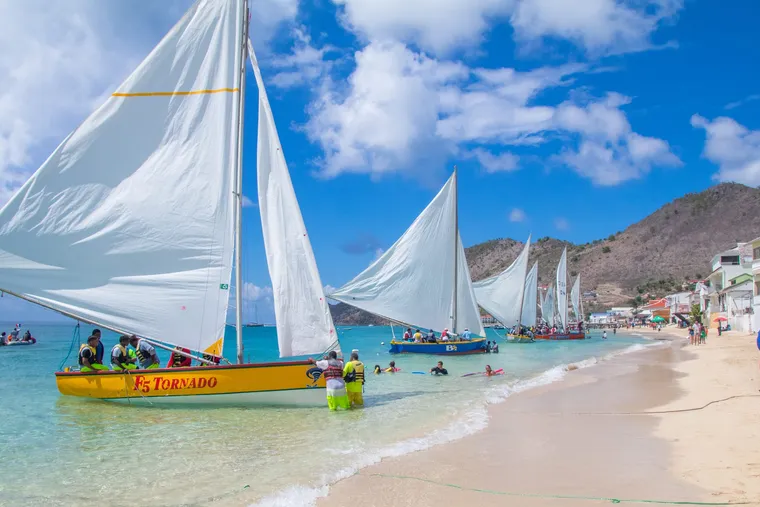 Colourful traditional sailboats on the beach at Grand Case, Saint-Martin