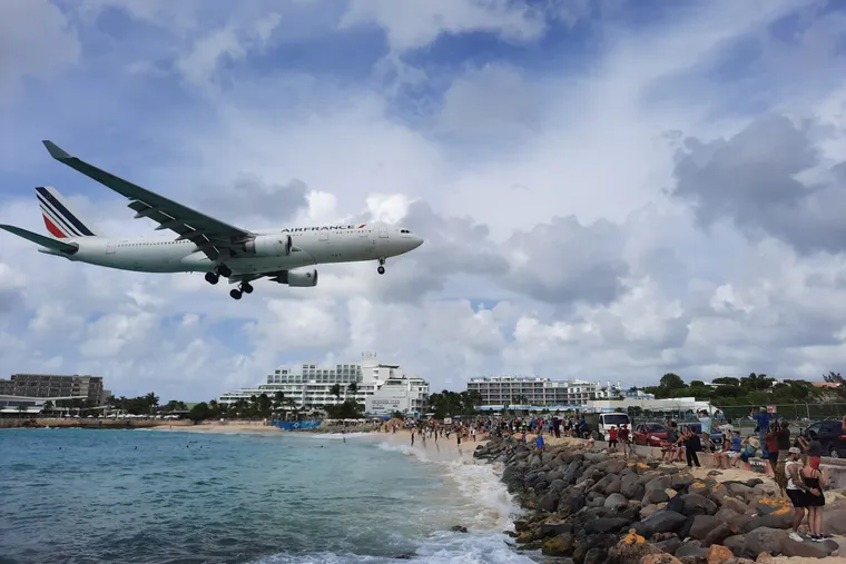 Air France airliner on short final right above Maho Beach, Sint Maarten