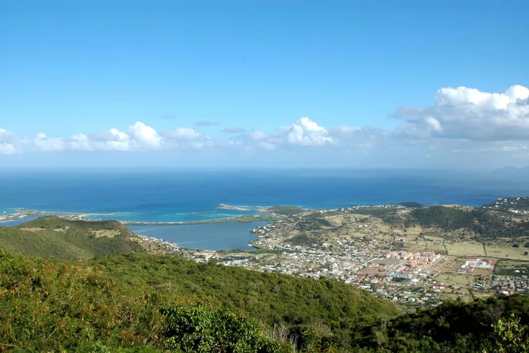 Panoramic view over the hills, lagoons and coast of Saint-Martin from the heights