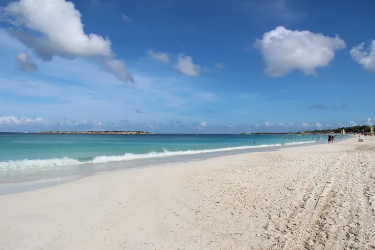 Long white-sand beach and turquoise water at Orient Bay, Saint-Martin